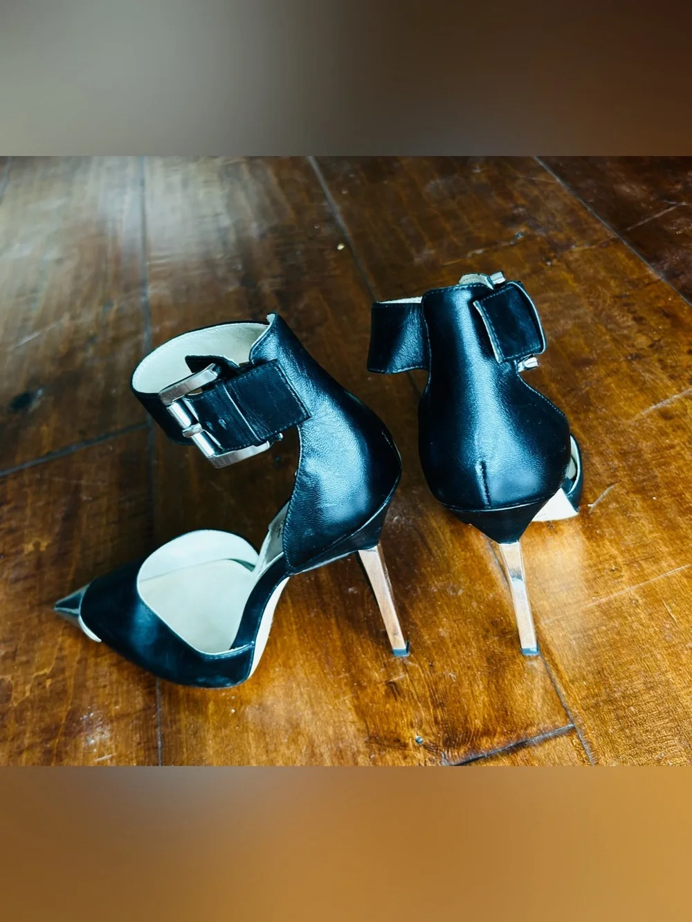 NWOT - Michael Kors Black Leather Pointed-Toe Ankle-Strap Heels with Silver Cap
